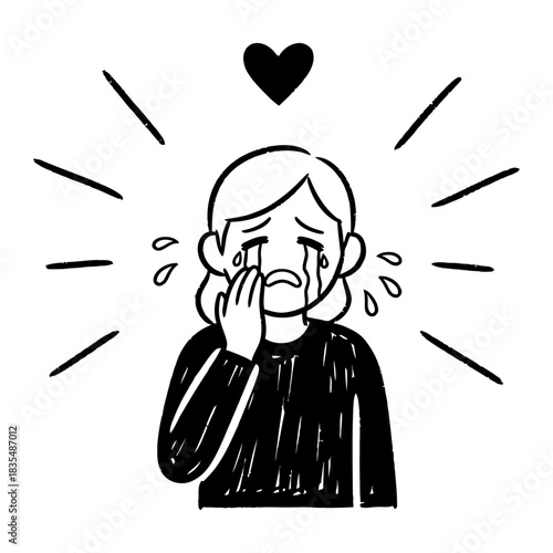 Hand-drawn Monochrome Illustration of a Crying Person with Heart Symbol