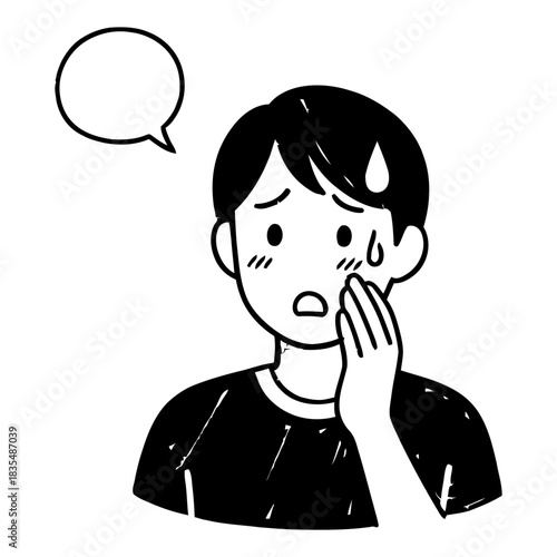 Black and White Hand-Drawn Illustration of Worried Person with Speech Bubble