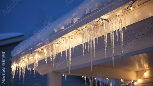 Ethereal icicles adorn the roofline, illuminated by soft lights, creating a magical winter scene under the twilight sky. Nature's artistry meets festive cheer. A winter wonderland.