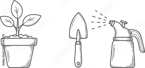 Gardening essentials: potted plant, trowel, and spray bottle for nurturing growth