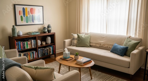 Comfortable living room setting features contemporary furniture and decorative objects