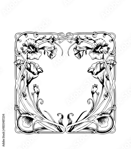 Retro flower and leaves frame background in wavy line style for vertical A4 design
