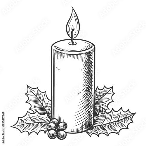 Illustration of a lit candle with holly leaves and berries in black and white sketch style drawing