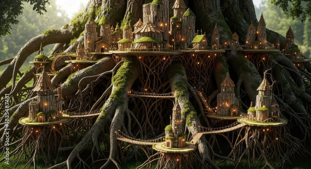 Fototapeta premium Intricate settlement of small wooden dwellings built into the massive, exposed roots of an ancient tree