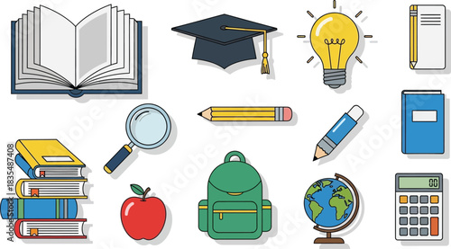Collection of colorful icons representing education, learning, and school supplies.