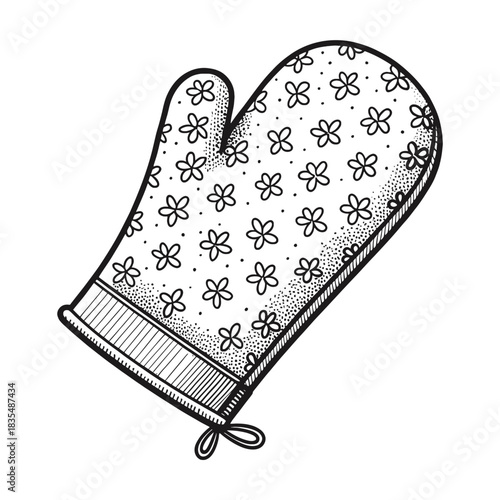 Illustration of a floral patterned oven mitt with a striped cuff and a tied loop at the bottom