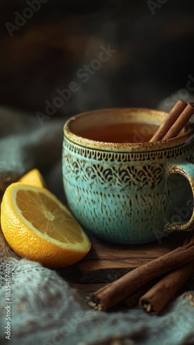 Delicious cup of tea topped with cinnamon and a slice of lemon, perfect for relaxation and comfort.