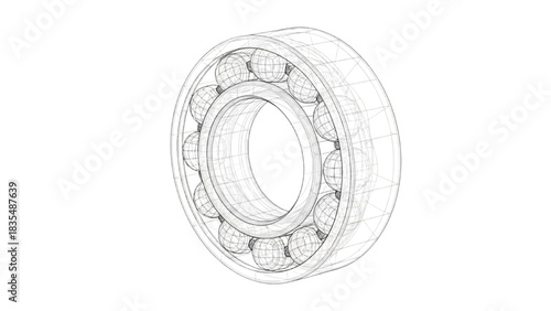Wireframe ball bearing technical illustration, industrial mechanical engineering drawing