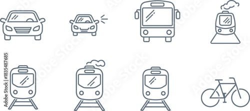 Collection of simple line art icons representing various modes of transportation.