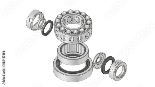 Exploded View of Ball Bearing Components with Bearings and Seals Technical Illustration in Engineering Environment, Isometric View