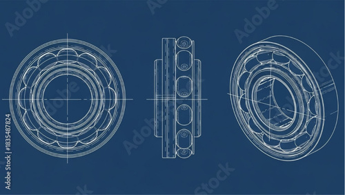 Technical Blueprint of Mechanical Bearing Component Showing Multiple Angles and Detailed Engineering Design