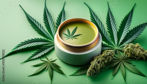cbd topical cannabis salve with hemp oil and herbal lotion on green background