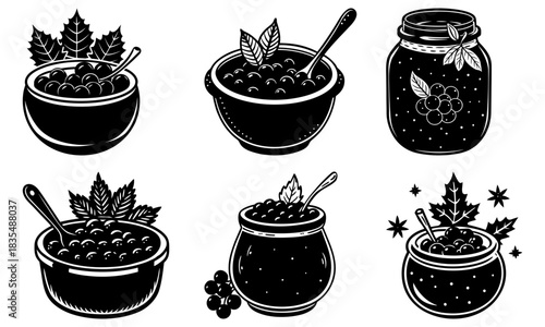 Collection of black and white illustrations featuring various jars filled with berries and leaves design
