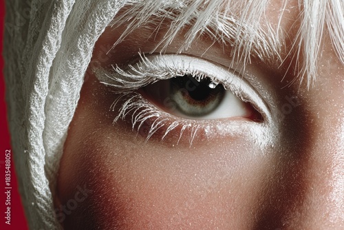 Female eye makeup close-up. Beauty sexy girl with white make up. Beautiful female face with bright make-up, closeup. Colour trend of 2026. Cloud Dancer Color Pantone 11-4201