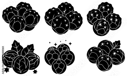 Six groups of black and white hop plant clusters with varying arrangements in a vector illustration