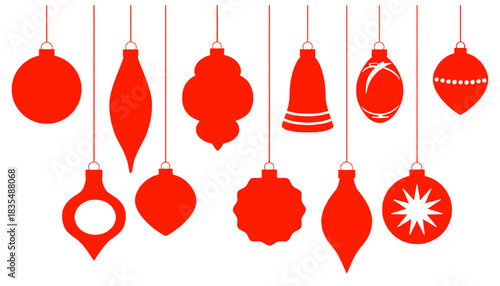 collection of red christmas ornament silhouettes hanging on white background