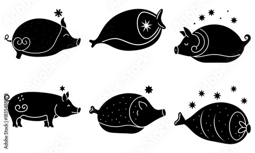 Six black and white illustrations of pigs and hams with decorative elements and star accents design