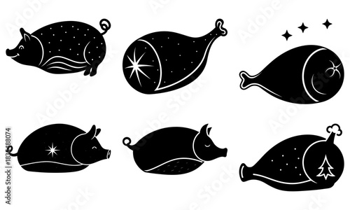 Illustration featuring stylized pigs and hams in black and white with decorative elements design