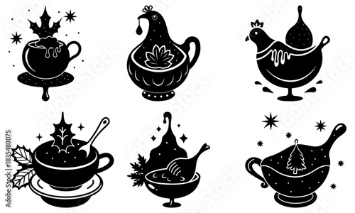 Collection of whimsical gravy boats and festive cups with holiday foliage in black silhouette style