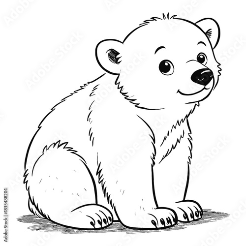 Illustration of a cute white bear cub sitting with a smiling face in black and white outline style