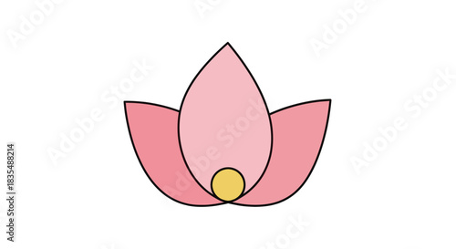 Pink bloom icon, petals surrounding a yellow center, outlined in black