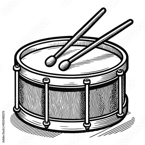 Illustration of a snare drum with drumsticks resting on top in black and white drawing style