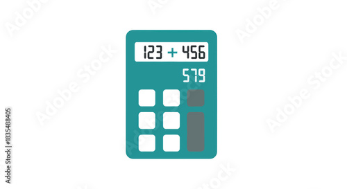 Teal calculator displaying "123 + 456 = 579
