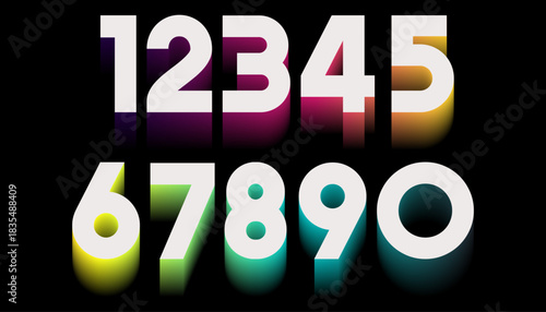 Bright colorful numbers on black background from one to zero