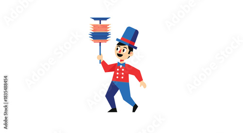 Plate-spinner in a blue hat and red jacket