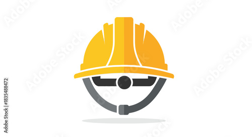 Simplified yellow hard hat with grey suspension and dark eye protection