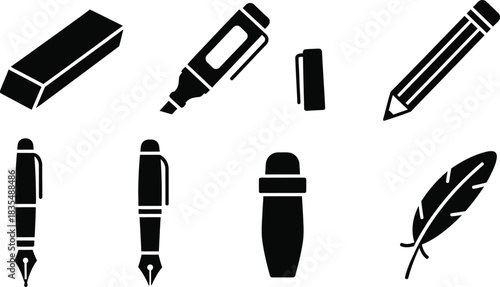 Collection of black writing and drawing tools on a white background