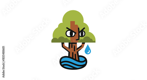 Cartoon tree with an angry face, rooted in water, shedding a teardrop
