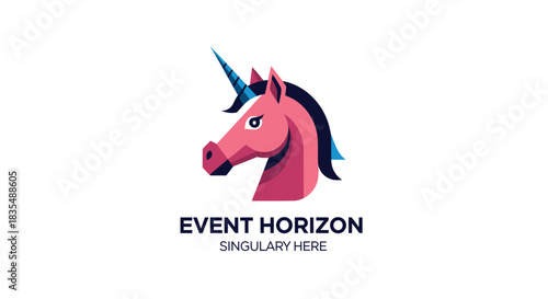 Simplified, geometric unicorn head, pink body, blue mane, horn, on white