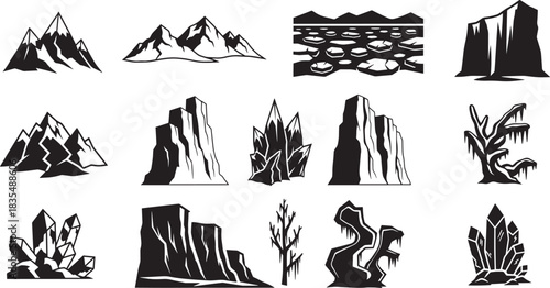 Mountains and Rocks Vector Graphics Set on Transparent Background
