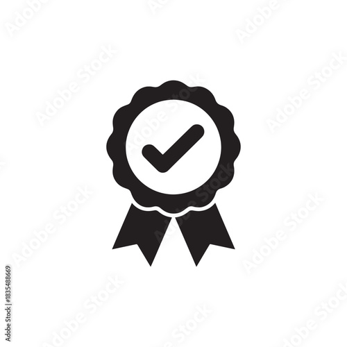 Simple icon of certification badge with checkmark in monochrome style