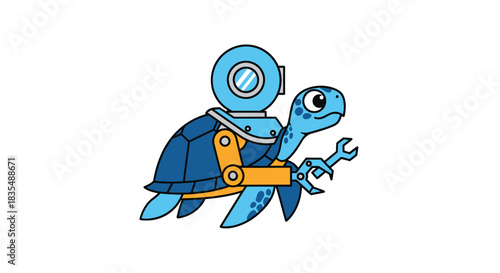 Cartoon turtle diver-mechanic with a wrench and vintage dive helmet
