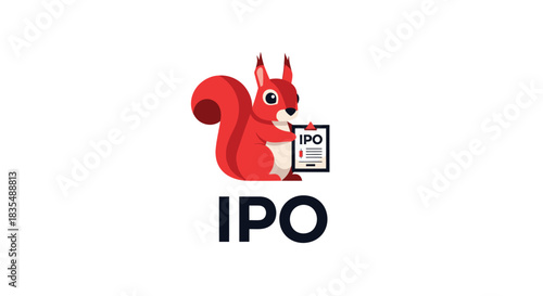 Cute red squirrel holds a document labelled "IPO