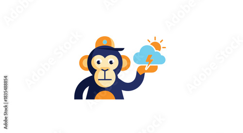 Stylized monkey with hat holds sunny storm