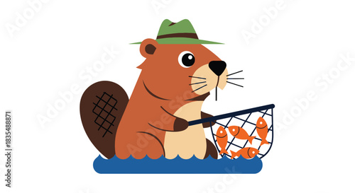 Cartoon beaver with a net of fish, wearing a green hat, in blue water