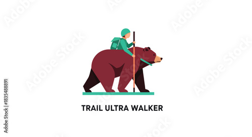 Vector art person in green clothing riding a brown bear, holding a walking stick. Teal base. "TRAIL ULTRA WALKER" text