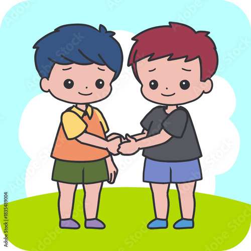 Kids Learning to Share and Forgive Cartoon. Ideal for children emotional education, social skills learning, classroom behavior charts, parenting resources, storybooks, and friendship themes.