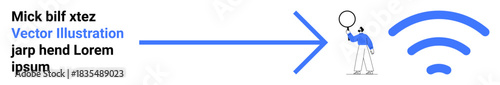 Magnifying individual standing near arrow pointing to wireless icon, symbolizing search for connectivity or digital solutions. Ideal for technology, communication, innovation, research