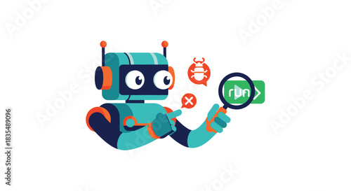 Cute turquoise robot debugging code with magnifying glass