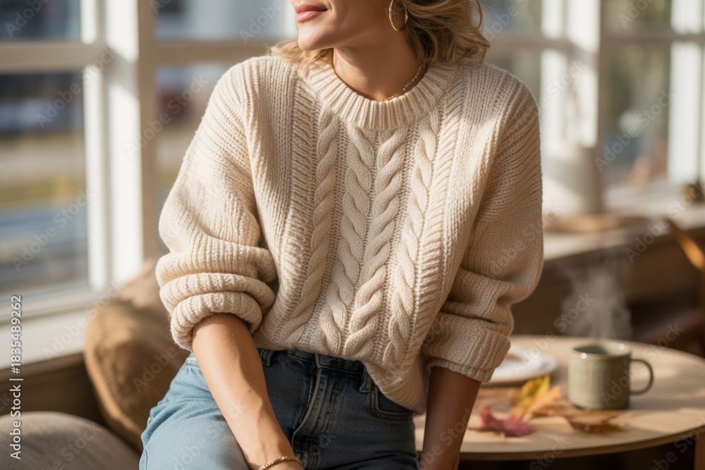 Fototapeta premium Blonde woman enjoying morning coffee in cozy sweater, relaxed vibes by the window, perfect for autumn fashion blogs and lifestyle content, warm and inviting scene