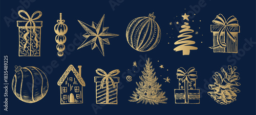 Christmas decorative elements on blue, hand drawn	
