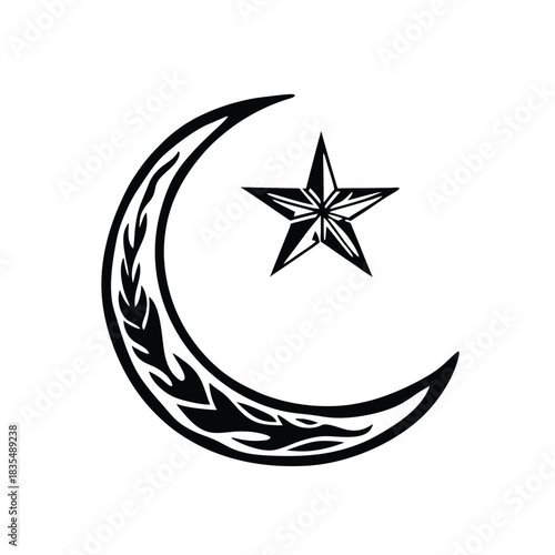 Crescent Moon and Star Symbol Black and White