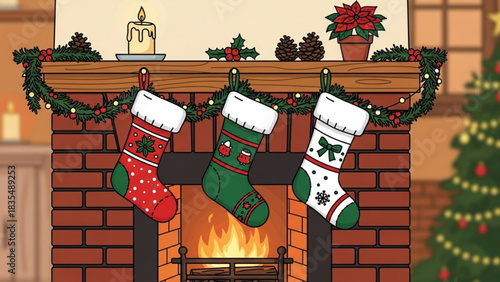 Cozy christmas fireplace with stockings hanging on the mantelpiece adorned with festive decorations and a warm glowing fire below evoking holiday cheer and winter warmth