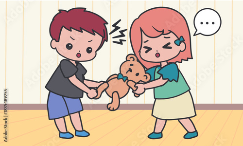 Kids Pulling Teddy Bear Conflict and Sharing. Perfect for educational materials, parenting resources, behavior charts, social emotional learning, sharing lessons, storybooks, and classroom visuals