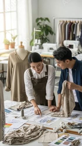 Two fashion designers collaborate on fabric ideas and sketches at a well-lit studio workspace