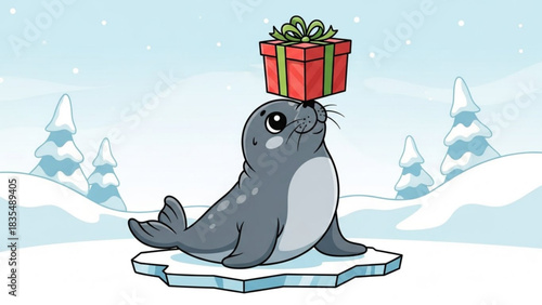 Cute cartoon seal balancing a red gift box with a green ribbon on its nose in a snowy winter landscape with snow covered trees